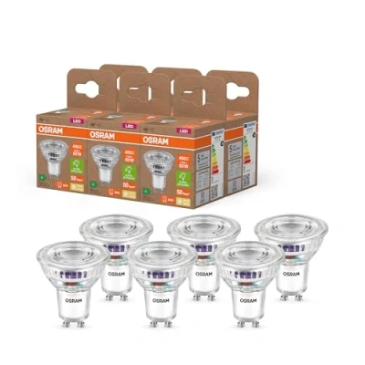 Abbildung von Osram Energy Class LED Reflektor Lampe PAR16 mit 2.5 W, 450 lm, warmweiß (2700 K) aus klarem bleifreiem Glas GU10 Sockel in der Energieeffizienzklasse A, 50 mm Durchmesser, IP20,6 Pack