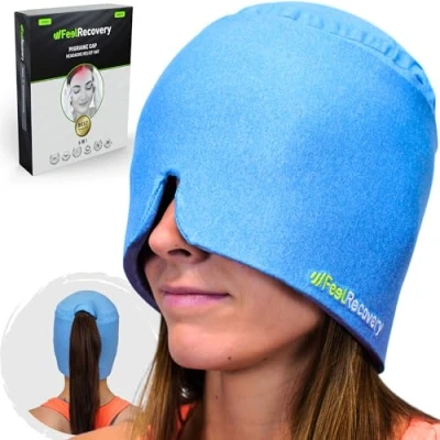 Abbildung von Migräne Maske 360º Kühlmütze für Migräne, Kopfschmerzen, Geschwollene Augen &amp; Stress Wiederverwendbare Gel Kühlmaske Mütze Kalt Warm Kompresse Schlafmaske Geruchlos, Einheitsgröße +30%
