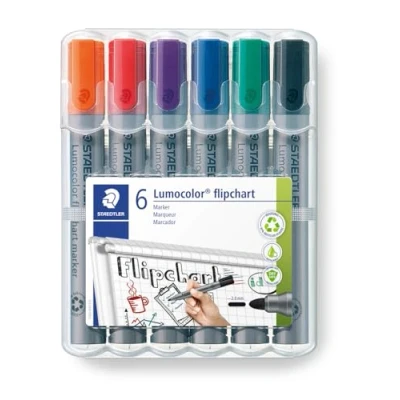 Abbildung von STAEDTLER Flipchart Marker Lumocolor, Rundspitze ca. 2 mm Linienbreite, lange Lebensdauer, nachfüllbar, farbintensiv, geruchsarm, hohe Qualität Made in Germany, Set mit 6 Farben, 356 WP6