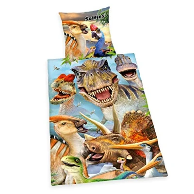 Abbildung von Herding Dinosaurier Selfies Bettwäsche Set, Wendemotiv, Kopfkissenbezug 80 x cm, Bettbezug 135 200 Baumwolle/Renforcé, Mehrfarbig