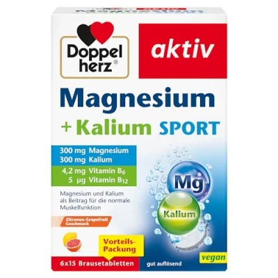 Abbildung von Doppelherz Magnesium + Kalium SPORT und als Beitrag für die normale Muskelfunktion vegan 6 x 15 Brausetabletten mit Zitronen Grapefrucht Geschmack