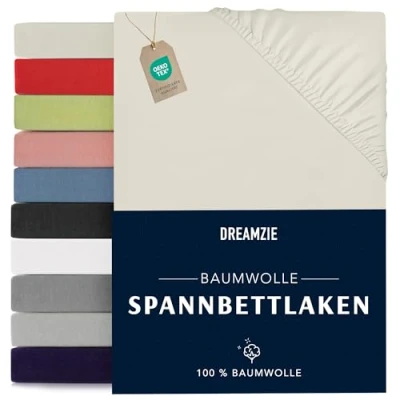 Abbildung von Dreamzie Spannbettlaken 140x190/200cm Baumwolle Oeko Tex Zertifiziert Beige 100% Jersey Spannbetttuch 140x190/200