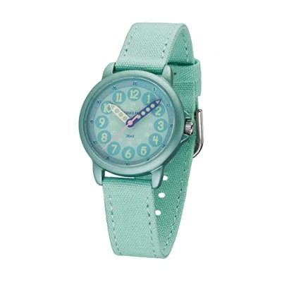 Abbildung von JACQUES FAREL Lernuhr Öko Kinderuhr Mädchen Armbanduhr Analog Quarz mit Textilarmband aus Bio Baumwolle Mint Hellblau Nachhaltig ORGT 1113