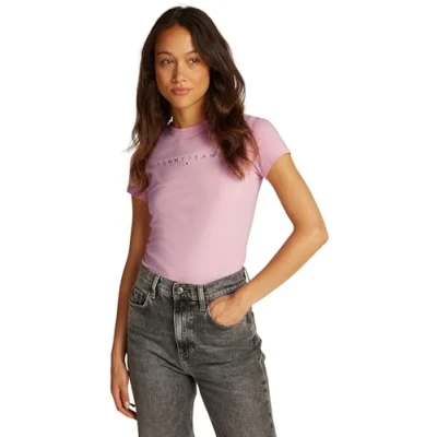 Abbildung von Tommy Jeans Damen T Shirt Kurzarm Linear Slim Fit, Rosa (Pink Sugar), XL