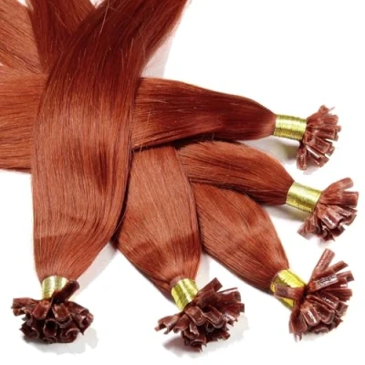 Abbildung von hair2heart Bonding Extensions Echthaar glatt 8/43 Hellblond Rot Gold 25 Strähnen 0.5g 60cm, für langanhaltende Haarverlängerung
