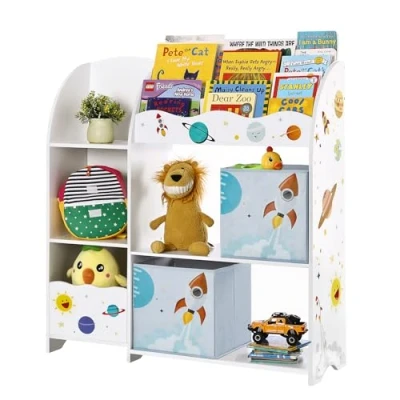 Abbildung von SONGMICS Kinderzimmerregal, Spielzeug Organizer, Bücherregal für Kinder, multifunktionale Ablage mit 2 Aufbewahrungsboxen, Sticker Weltall Motiven, Kinderzimmer, Schlafzimmer, weiß GKR42WT