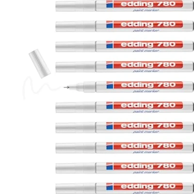 Abbildung von edding 780 Lackmarker weiß 10 Stifte Rundspitze 0,8 mm Lackstift zur Markierung und Beschriftung von Metall, Glas, Stein oder Kunststoff hitzebeständig, permanent, wischfest
