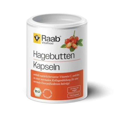 Abbildung von Raab Vitalfood Bio Hagebutten Kapseln, 150 Stück, ohne Zusätze, vegan, hochdosiert, mit Vitamin C für normale Knorpel und Kollagenbildung, 129 g