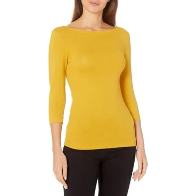 Abbildung von Amazon Essentials Damen T Shirt mit Bateau Ausschnitt und 3/4 Ärmeln in schmaler Passform, Gold, XS