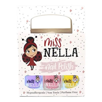 Abbildung von Miss In Kinder Nagellack auf Wasserbasishelles, Glitzer, Packung mit 3 Farben Cheeky Bunny, Butterfly Wings, Honey Twinkles sehr hell, Peel off Formel.