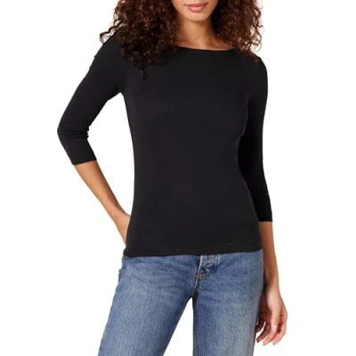 Abbildung von Amazon Essentials Damen Einfarbiges T Shirt mit U Boot Ausschnitt und 3/4 Ärmeln in schmaler Passform, Schwarz, XS