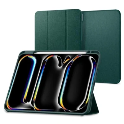 Abbildung von Spigen Urban Fit Hülle für iPad Pro 11 Zoll 5.Generation M4 (2024) Case mit Stifthalter Auto Schlaf/Wach Funktion stoßfeste, schlanke Schutzhülle veganem Veloleder Mitternachtsgrün