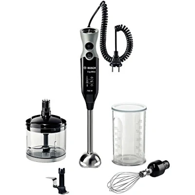 Abbildung von Bosch Stabmixer ErgoMixx MSM67170, Edelstahl Mixfuß, Universalzerkleinerer, Mix und Messbecher, Schneebesen, Ice Crush Klinge, leichtes Gehäuse, 12 Stufen plus Turbostufe, 750 W, schwarz/grau