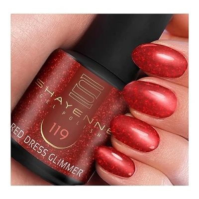 Abbildung von SHAYENNE Shellac Gel Nagellack 15 ml für UV LED Lampe 119 Red Dress Glimmer Glitter Glitzer Rot MADE in GERMANY Nail Polish for Lamp