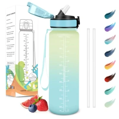 Abbildung von Motswedi Trinkflasche Sport, 1L BPA Frei, mit Strohhalm, Kohlensäure Geeignet, Auslaufsicher, Wasserflasche, Sport für Gym, Schule, Outdoors, Büro, Beige Hellblau
