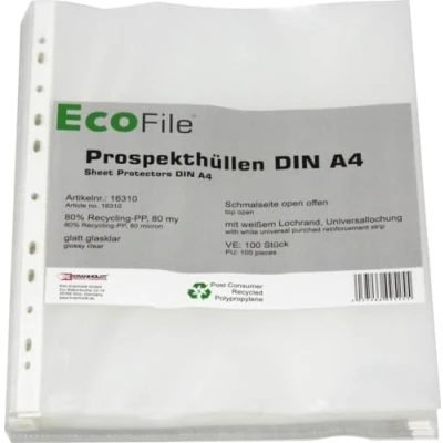 Abbildung von Prospekthülle A4 / 100 Stück/nachhaltig aus Post Consumer Recycling PP 80 my glatt glasklar extra stark, mit Abheftrand, Schmalseite oben offen (80my)