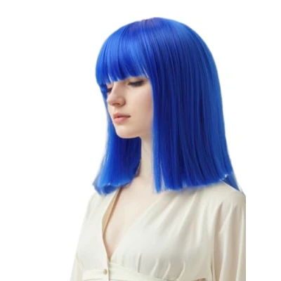 Abbildung von Prettyland Event Damen Bob gerade Pony Perücke Mittellange Kurze glatte hitzfeste Wig für Show Fasching Blau Königsblau C696