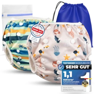 Abbildung von KIDVERSE 2er Set Schwimmwindel Baby Badehose 0 3 Jahre Hautfreundliche Schwimmwindeln wiederverwendbar &amp; saugstark Größenverstellbare Badewindel Schwimmhose inkl. Tragetasche Wäschenetz