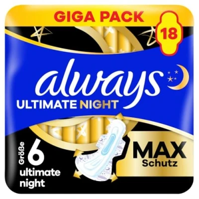 Abbildung von Always Damenbinden Ultimate Night (Größe 6) Mit Flügeln 18 Stück, Super Saugfähig, Für Die Periode