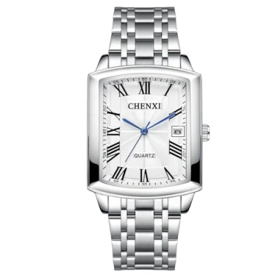 Abbildung von JewelryWe Uhren Herren Edelstahl Rechteckig: 30m wasserdichte Kalender Analog Quarz Armbanduhr Männer Silber Band Uhr Herrenuhr mit Weiß Rechteck Römischen Zahlen Zifferblatt