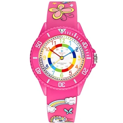 Abbildung von Alienwork Einhorn Lernuhr Kinderuhr Mädchen Uhrzeit Lernen Rosa Silikon Armband Mehrfarbig Kinder Uhr Wasserdicht 5 ATM Zeit