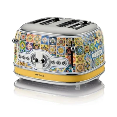 Abbildung von Ariete 156 Positano Toaster, 1630 W, 4 Scheiben, 6 Bräunungsstufen, Krümelschublade, Defrost Funktion, automatischer Auswurf, ohne Zangen, weiß und gelb
