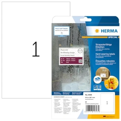 Abbildung von HERMA 4698 Wetterfeste Folienetiketten, 25 Blatt, 210 x 297 mm, 1 pro A4 Bogen, Stück, selbstklebend, bedruckbar, matt, blanko Klebeetiketten Aufkleber aus Folie, weiß