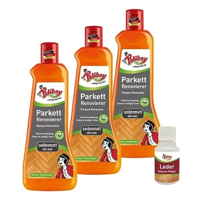 Abbildung von POLIBOY Parkett Renovierer Seidenmatt Bodenaufbereiter Mit Schutz und Glanzeffekt für Parkettversiegelung 3x 500ml Produkt Probe Made in Germany