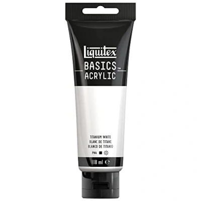 Abbildung von Liquitex 8870032 Basics Acrylfarbe, monopigmentierte Künstlerpigmente, lichtecht, mittlere Viskosität, Archivqualität, seidenglänzender Finish, 118ml Tube Titanweiß, Weiß