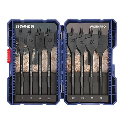 Abbildung von WORKPRO 8tlg. Flachfräsbohrer Set, 1/4&quot; Sechskantschaft, 12mm/ 16mm/ 18mm/ 20mm/ 22mm/ 25mm/ 28mm/ 32mm, Länge 150mm, Holzbohrer mit Aufbewahrungskoffer