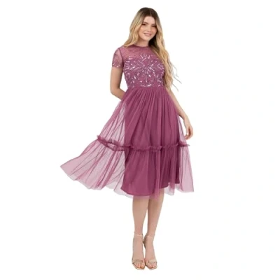 Abbildung von Maya Deluxe Women&#039;s Midi Dress Ladies Round Neck Sheer Short Sleeves Sequin Embellished Tulle Ruffle A line Wedding Guest Occasion, Rosa 38