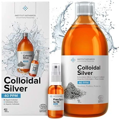 Abbildung von Kolloidales Silber 100% Natürlich 1L 40 PPM Mit auffüllbarem 30ml Spray Ebook enthalten Cosmos Natural zertifiziert Institut Katharos