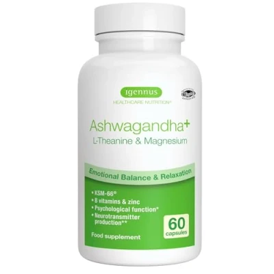 Abbildung von Ashwagandha Komplex, KSM 66 mit L Theanin und bioverfügbare Magnesium, Zink &amp; B Vitamine, fördert Stressresistenz, vegan hypoallergen, 60 Kapseln, von Igennus