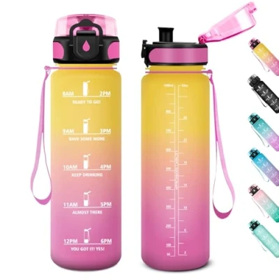 Abbildung von Trinkflasche Sport 1L, mit Filter, Trinkflaschen Kohlensäure Geeignet, Wasserflasche Auslaufsicher Zeitmarkierung, Sportflasche für Fitness, Gym, Schule, Outdoor, Yoga