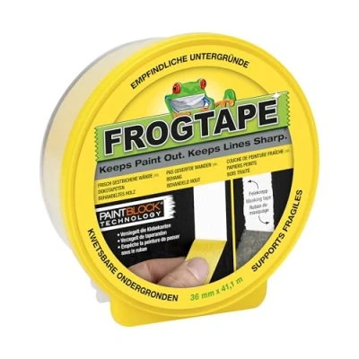 Abbildung von Frog Tape Maler Kreppband für empfindliche Oberflächen, 36 mm x 41,1 m, Gelb Innenmalerei und Dekoration scharfe Linien ohne Auslaufen von Farbe.
