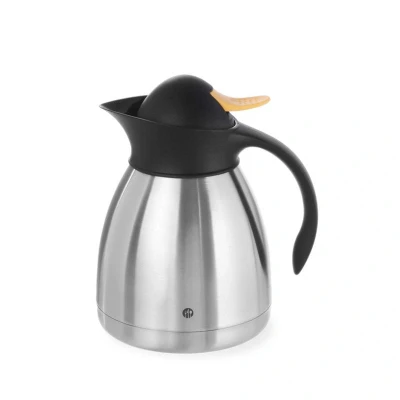 Abbildung von HENDI Isolierkanne Edelstahl 1,5 Liter ø 14,5 x 23 cm doppelwandig Druckknopfkappe Kunststoff Deckel + Griff, Gastro Thermoskanne silber