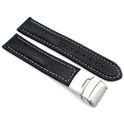 Abbildung von Sulla 20mm Uhrenband Genuine Leder Armband mit Faltschließe aus Edelstahl Schwarz Weiße Naht