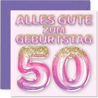 Abbildung von Stuff4 50. Geburtstagskarte für Frauen Rosa Lila Glitzerballons Alles Gute zum Geburtstagskarten 50 Jährige Frau Mama Oma Tante, 145mm Fünfzig Fünfzigste Geburtstag Grußkarten