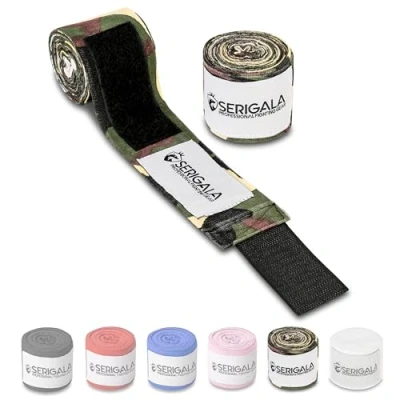 Abbildung von Serigala 4,5m Boxbandagen mit Daumenschlaufe Halb elastische Bandagen Boxen extra breitem Klettverschluss Kampfsport für Thaiboxen, Kickboxen, MMA und Muay Thai Camouflage