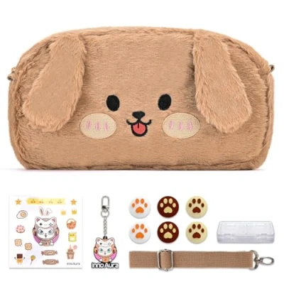 Abbildung von innoAura Switch Tasche für NS Switch, 11 in 1 Zubehör Bundle mit Hülle, Spielhülle, Daumenkappen, Abnehmbarer Schultergurt, Niedlicher Anhänger (Brauner Hund)