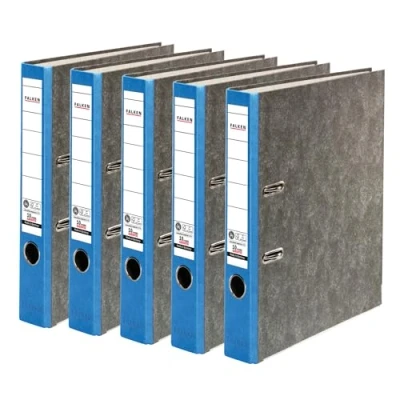 Abbildung von Original Falken 5er Pack Recycling Ordner Wolkenmarmor. Made in Germany. 5 cm schmal DIN A4 Blauer Rücken Ringordner Aktenordner Briefordner Büroordner Pappordner CO2 Neutral Engel