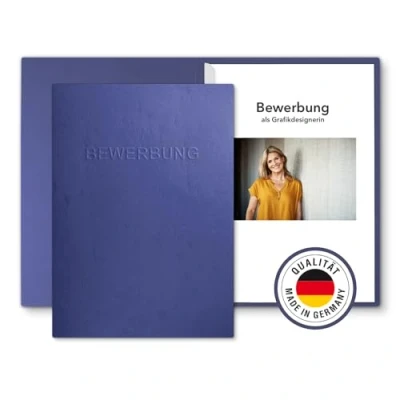 Abbildung von 10 Stück 2 teilige Bewerbungsmappen mit 1 Klemmschiene in feinster Lederstruktur und hochwertiger Prägung „BEWERBUNG“ (Blau, Stück)