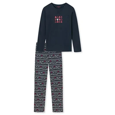 Abbildung von Schiesser Mädchen Schlafanzug lang Einhorn, Sterne, Dots, Waldmotive und Hexen Organic Cotton Pyjamaset, Dunkelblau (blau I), 128