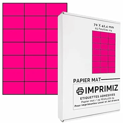 Abbildung von 525 Selbstklebende Etiketten Neonpink von 70 x 42 mm 21 Etiketten/Blatt 25 Blatt A4 / Papier matt Farbe Für Inkjet/Laser/Kopier Drucker farbig