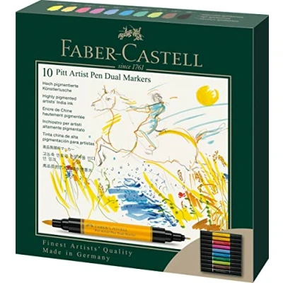 Abbildung von FABER CASTELL 162010 Pitt Artist Pen Dual Marker Tuschestift, mit zwei Spitzen, eine Pinselspitze und metallgefasste Faserspitze, 10er Kartonetui