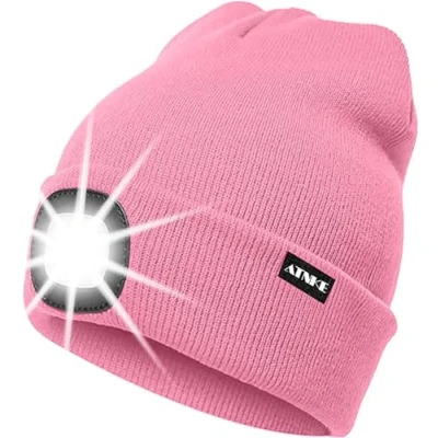 Abbildung von ATNKE LED Beleuchtete Mütze,Wiederaufladbare USB Laufmütze mit Licht Extrem Heller 4 Lampe Winter Warme Stirnlampe für Herren und Damen Geschenke/Pink