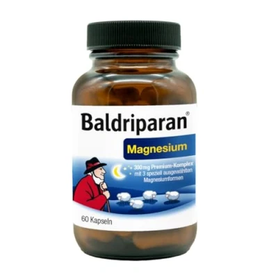 Abbildung von Baldriparan® Magnesium hochdosierter Premium Komplex mit Magnesiumbisglycinat aus der Apotheke. Hohe Bioverfügbarkeit. Laborgeprüft, vegan und ohne künstliche Zusätze.