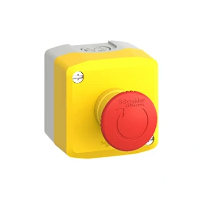 Abbildung von Schneider Electric XALK178E Aufbaugehäuse, Harmony XALK, Kunststoff, hellgrau, gelb, 1 Not Aus Schalter, Drehentriegelung, 1S+1Ö