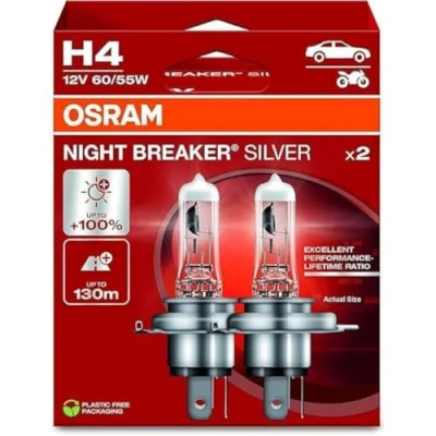 Abbildung von Osram NIGHT BREAKER® SILVER, H4, halogen headlight lamps, Hanging folding box (2 lamps)