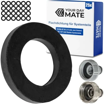 Abbildung von Ersatz Flachdichtungen Set, 25 Stück, für G 1/2&quot; Zoll Garten Systemteile, kompatibel mit Gardena 21 mm Hahnverbinder, 18240, 18220 15273, Gummi, Ø 19 x 11 mm, Reparatur Dichtung 01120 00.600.01